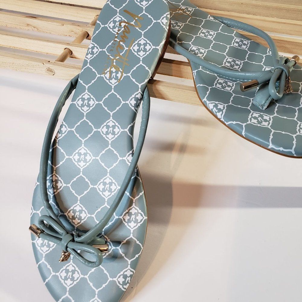 Nanette Lepore Melanie Thong Sandal Blue Leather Bow Flip Flop 8.5 Sandals - Picture 8 of 11
